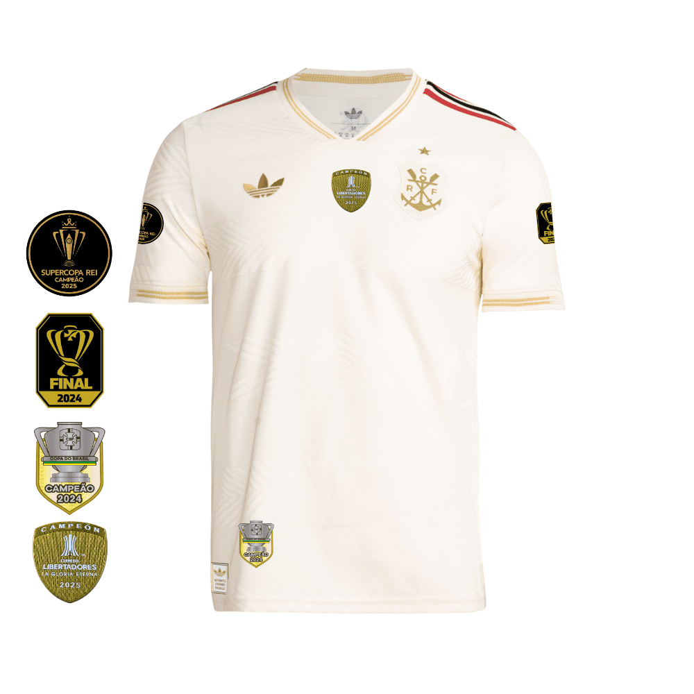 Camisa Flamengo Dourada | Jogo 3 2025 | Todos os Patchs de Campeão Sem Patrocínios | Versão Jogador