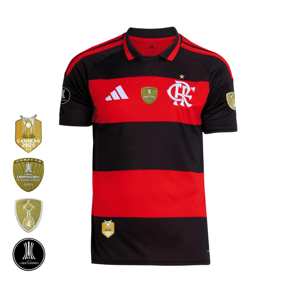 Camisa Vermelha e Preta | Manto Jogo 1 2026 | Todos os Patchs de Campeão Sem Patrocínios | Feminino