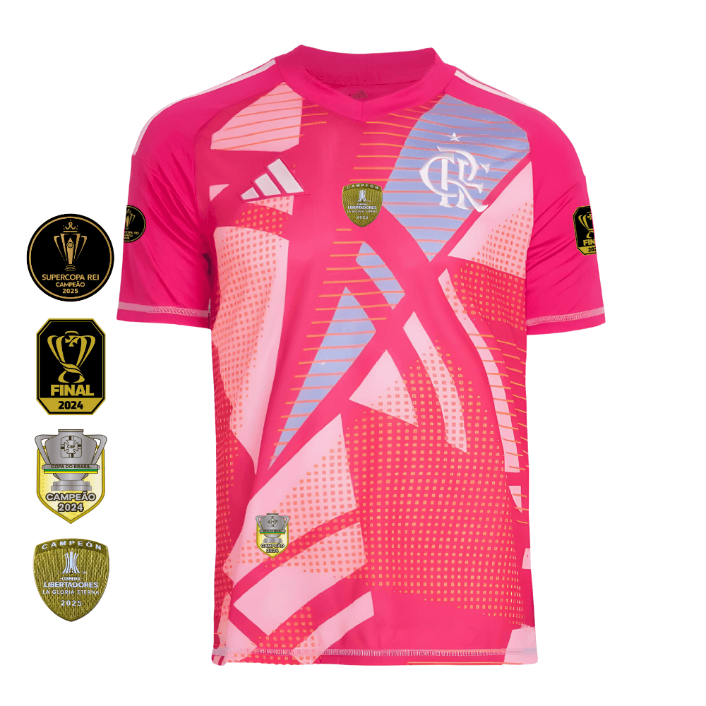 Camisa Flamengo Rosa | Goleiro 2 2025 | Todos os Patchs de Campeão Sem Patrocínios