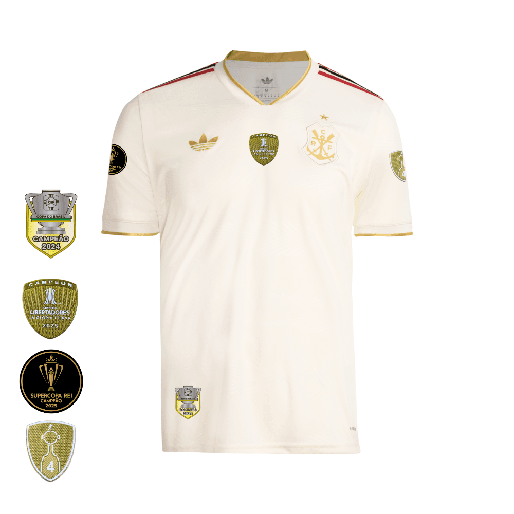 Camisa Flamengo Dourada | Jogo 3 2025 | Todos os Patchs de Campeão Sem Patrocínios