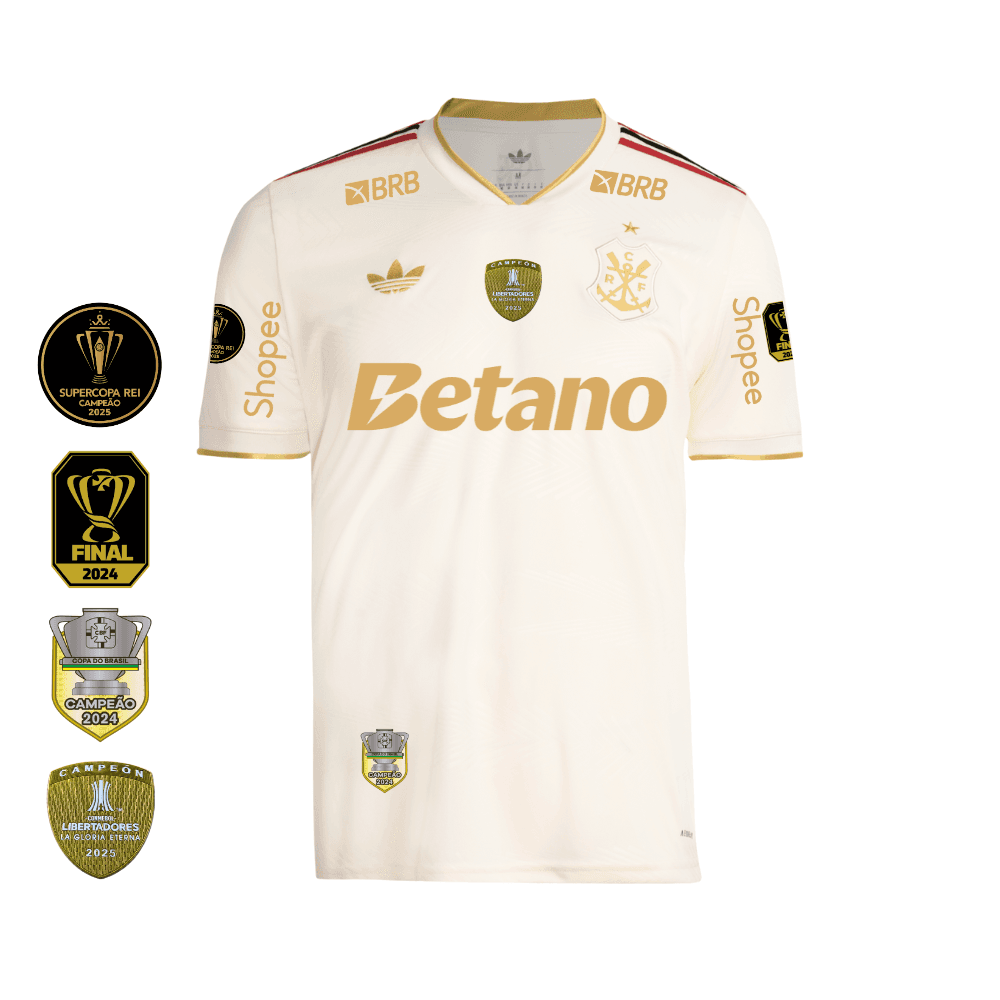 Camisa Flamengo Dourada | Jogo 3 2025 | Todos os Patchs de Campeão Com Patrocínios