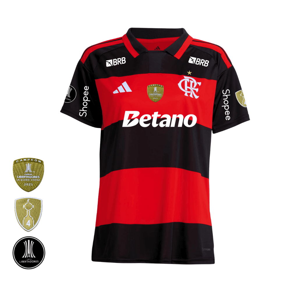 Camisa Vermelha e Preta | Manto Jogo 1 2026 | Libertadores Com Patrocínios | Feminino